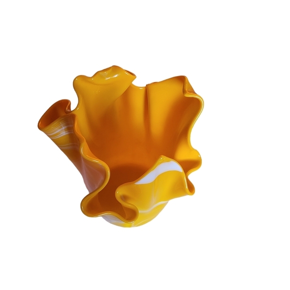 Yellow Slag Glass Handkerchief Vase w/ White Swirl Vintage Murano Style - Picture 4 of 8